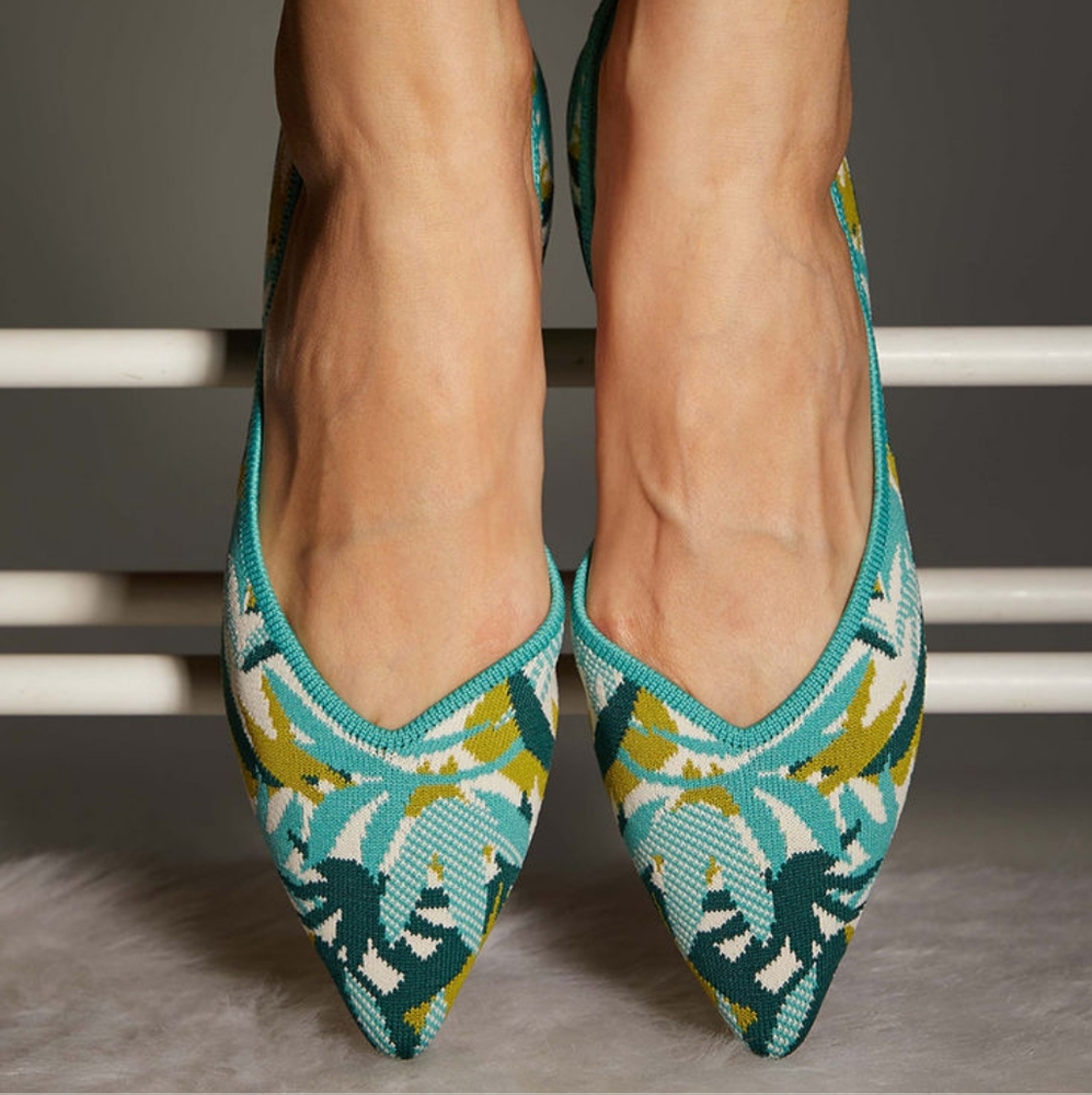 Pointed-Toe Knit Flats in Teal and Green